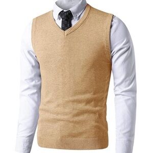 LTIFONE Men's Classic V-Neck Slim Fit Cotton Sweater Vest - Beige